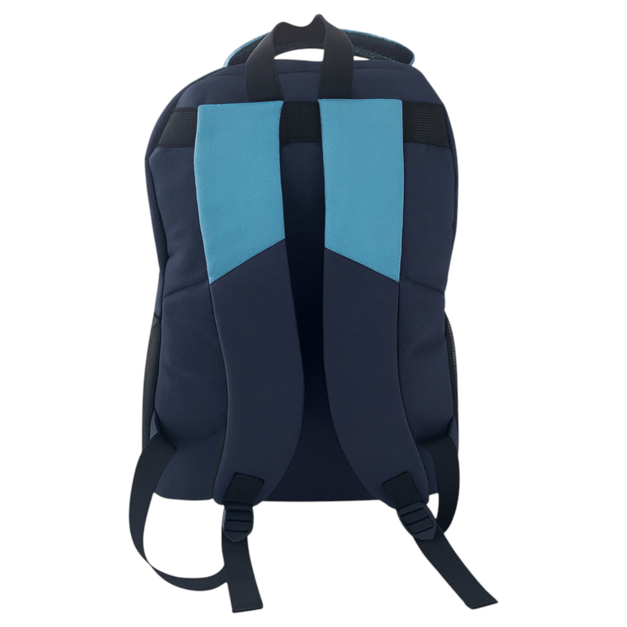 navy and blue Challenger dual compartment backpack with white detailing, padded shoulder straps, and side mesh pockets – ideal for school, work, or travel.